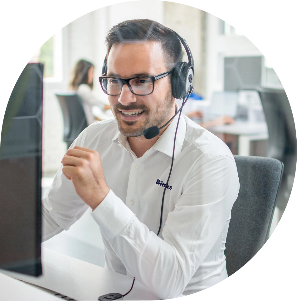 Customer support agent wearing a headset