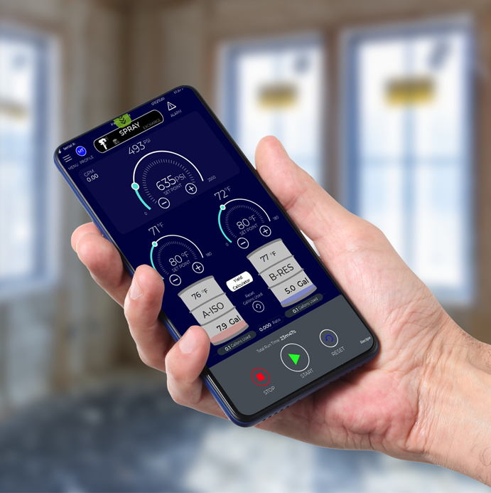 Smartphone displaying IntelliSpray ratio control app.